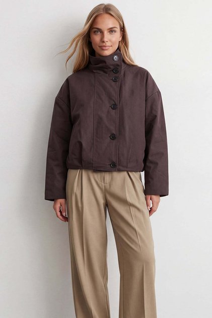 Women's coffee-colored stand collar lined regular fit jacket alc-x15886