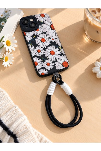iPhone 13 Phone Black Case with Strap and Charm with Daisy Pattern
