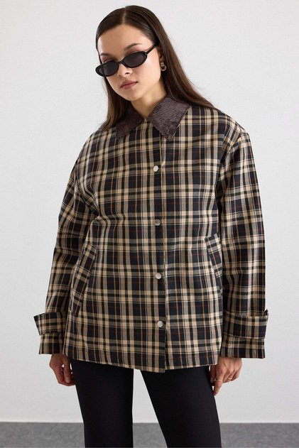 Corduroy Collar Plaid Short Trench Coat Vi̇zon 6920
