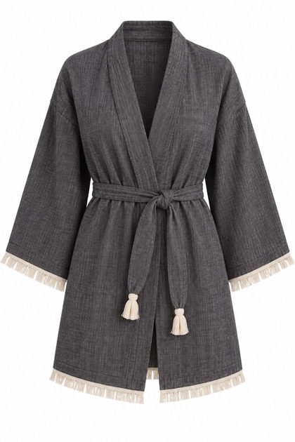 Kimono Muslin 2-Layer Peshtemal Bathrobe (Size S-M) - Black