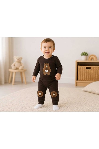 Unisex Baby Organic Cotton Patterned Long Sleeve Snap Fastener Bodysuit and Pants 2-Piece Set
