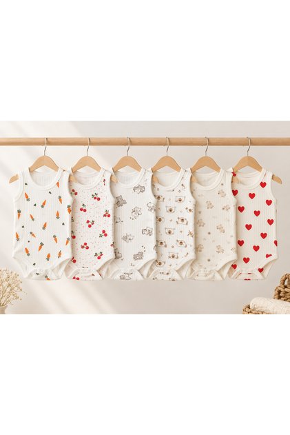 Minoti 100% Cotton Patterned Athlete Baby Bodysuit with Snap Fasteners / Economical Set of 6