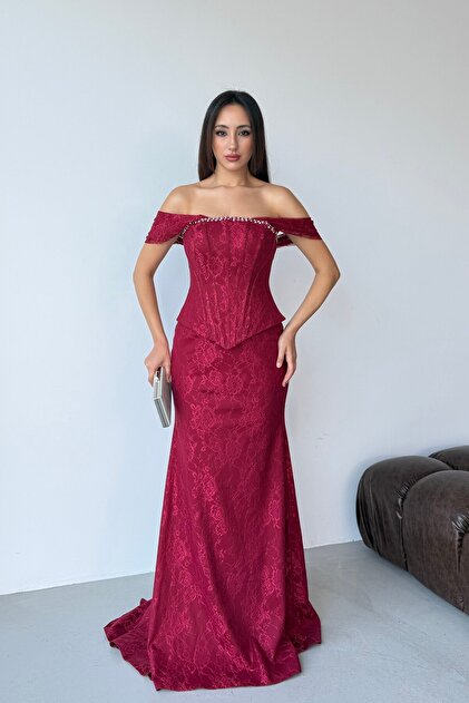 Burgundy Off-Shoulder Bustier Detailed Lace Long Evening Dress