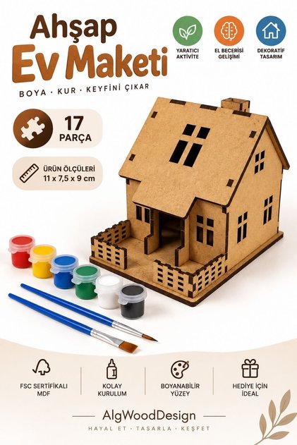 Ahşap Ev Maketi Boyama Seti 17 Parça 3D MDF Ev Modeli Hobi Oyuncak