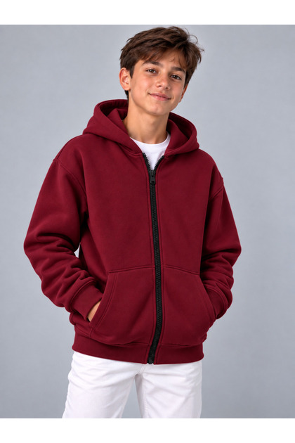 Unisex Children's Burgundy Zippered Cardigan 3-Ply Shardoon Fabric (Thick-Winter)