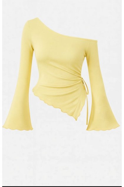 Yellow Long Sleeve Asymmetrical Collar Draped Side Tie Blouse Top