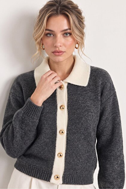 Anthracite Contrast Collar and Metal Button Knitwear Cardigan