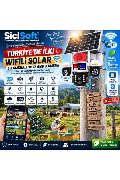 3 Kameralı 3PTZ WİFİ Solar Güneş Panelli 6MP PTZ Kamera