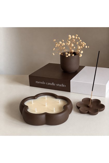 2’li Kahverengi Çiçek Mum ve Çiçek Tütsü Set