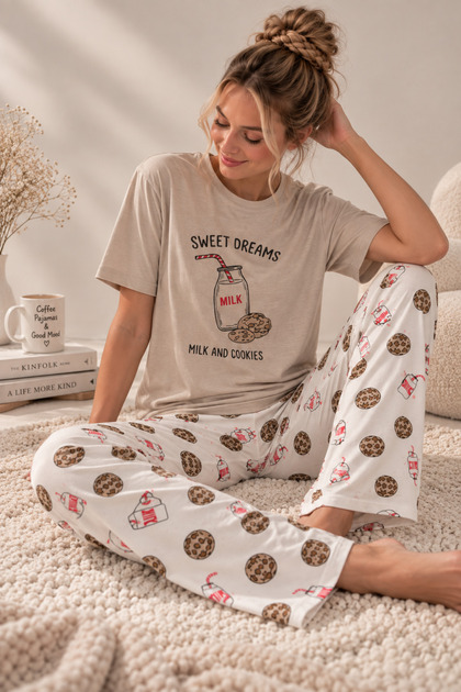 Kurabiye Desenli Kısa Kollu Penye Pijama Takımı