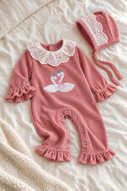 Baby Girl Jumpsuit with Swan Embroidery, Lace Collar, Velvet Jumpsuit with Hat, Premium Product, Set of 2