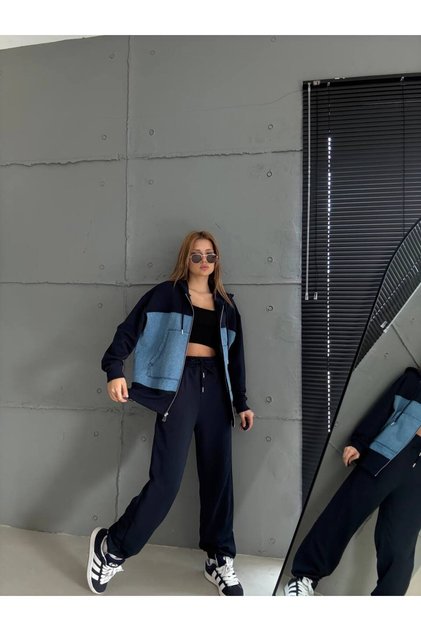 Kadın Kaliteli Jean Detaylı Kapüşonlu İkili Eşofman Takımı