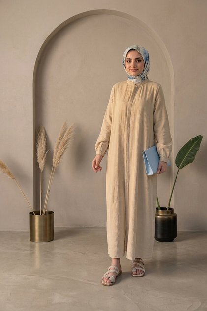 Kadın Uzun Muslin İnce Yırtmaçlı Tunik Pardesü Premium Kalite