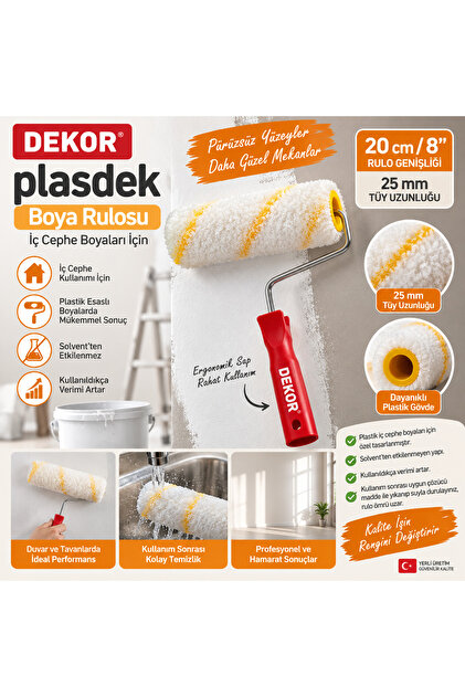 Plasdek Boya Rulosu 20 cm – 25 mm Tüylü İç Cephe Duvar ve Tavan Boyama Rulosu