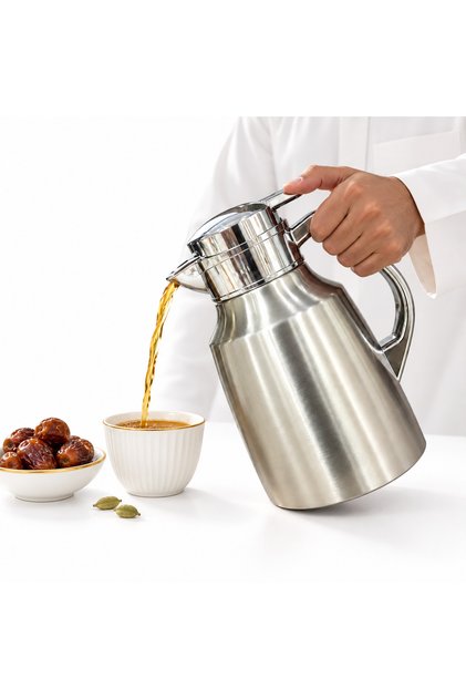 1.5L Stainless Steel Thermos Jug, 24-Hour Hot & Cold Insulated Tea & Coffee ÙŽQahwa thermos, Silver