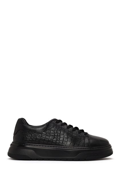 Men's Black Lace-Up Thick-Sole Crocodile Patterned Leather Sneaker Wm78000811