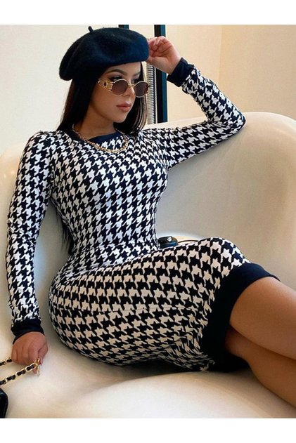 فستان نسائي طويل الأكمام بطبعة هوندستوث أسود اللون، تصميم ضيق مثير للشارع، خريف 2022