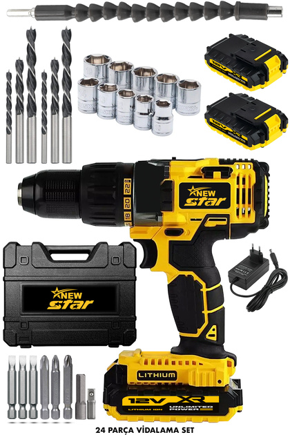 New Star 12 V 5 Ah Metal Dişli Sistem Li-lon Bataryalı Çift Akülü Vidalama Matkap