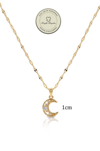 Steel Necklace - 1cm White Stone Crescent Star Lip Chain 316L Steel Necklace Non-Tarnish Non-Fade 45+5cm