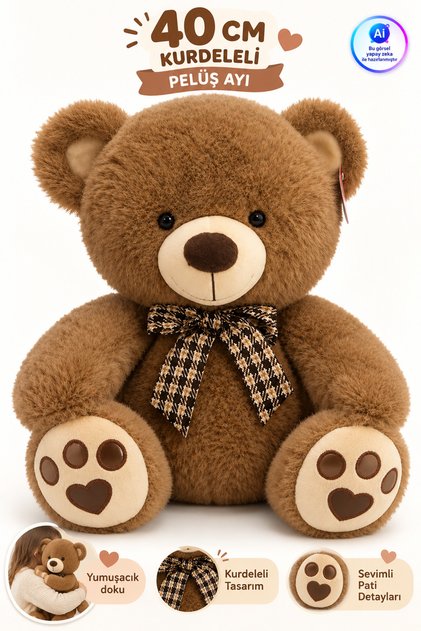 40cm Ribbon Plush Bear Soft Textured Cute Toy with Heart Paw Detail Plush Teddy Bear