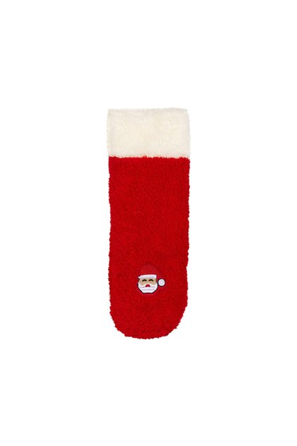 Yumuşacık Yılbaşı Temalı Kadın Ev Çorabı Kırmızı Noel Baba Nakışlı Termal Peluş Çorap