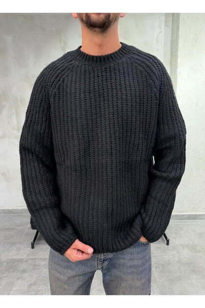 Boxy Fit Textured Long Sleeve Black Sweater