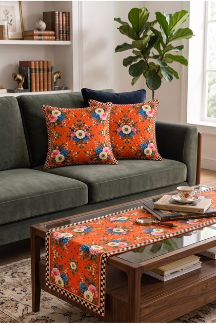 3-Piece Orange Floral Patterned Cushion Cover and Runner Set (2 Cushion Covers 43X43 cm + 1 Runner 40X140 cm)