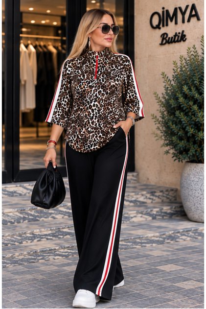 Buketli̇ Women's Turvakar Sleeve Leopard Patterned Top with Ribbon Detail and Loose Pants Bottom Top Two-Piece Set