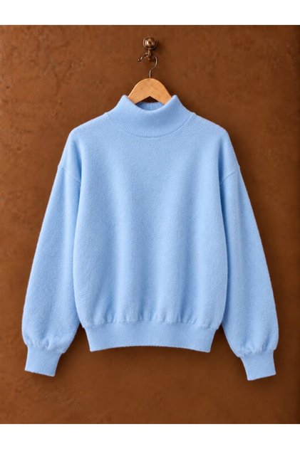 Blue Furry High-Neck Knit Sweater