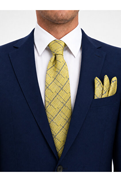 8 cm Yellow Navy Blue Patterned Tie and Handkerchief Set