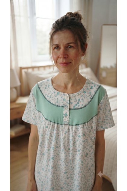 100% Cotton Women's Floral Patterned Short Sleeve Buttoned Summer Nightgown