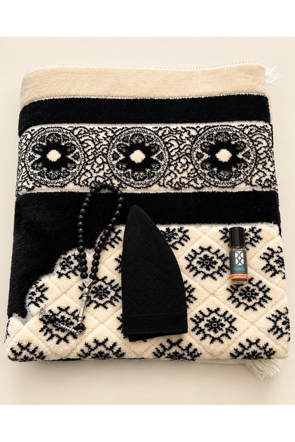 Velvet Prayer Rug Set for Men, Takke Tesbih Esans Prayer Rug and Lockable Gift Bag