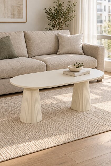 Calista Aytaşı Modern Orta Sehpa | Oval Tabla Çift Ayaklı Salon Sehpası