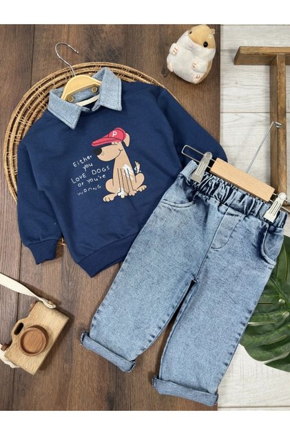 Denim Polo Shirt with Detachable Collar, Cute Dog Print Sweatshirt, Lycra Denim Trousers, Seasonal Baby Boy Set