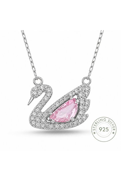 Pembe Zirkon Taşlı Kuğu Kolye | 925 Ayar Gümüş Kolye- Gümüş Kuğu Kadın Kolye- Kuğu Kolye Gümüş