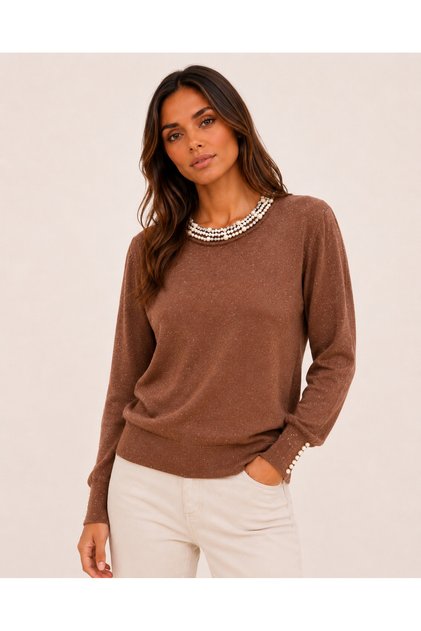 Women's Crew Neck Pearl Detailed Knitwear Sweater 27K12314-12