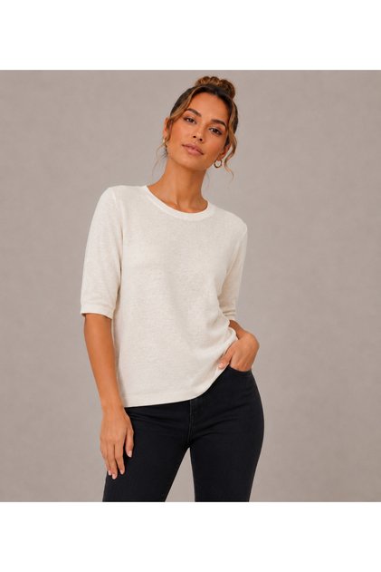 Women's Crew Neck Three Quarter Sleeve Glittery Knit Sweater 27K12306-16