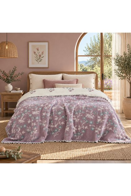 6 Katlı Jakarlı Müslin Yorgan Yatak Örtüsü Çift Taraflı Mürdüm Çift Kişilik 220x240 cm