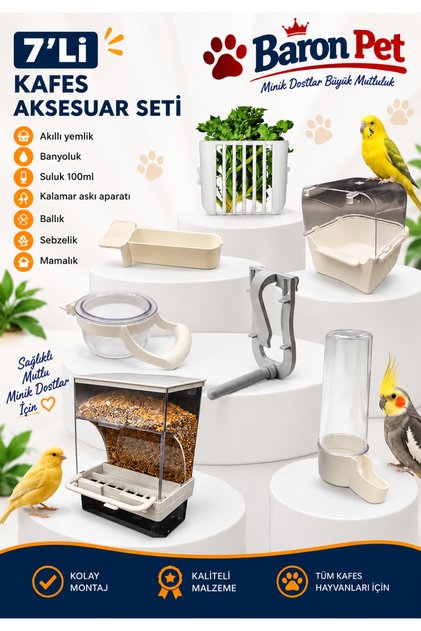 7li Kafes Kuşu Aksesuar Seti Akıllı Yemlik Suluk Mamalık Banyoluk Sebzelik Ballık ve Kalamar Askı Ap