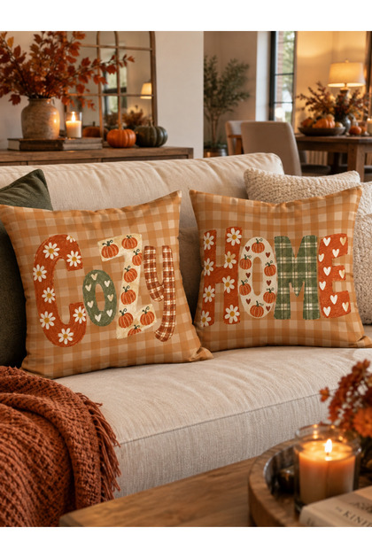 Autumn Themed Pumpkin Patterned 2-Piece Throw Pillow Cover - 43X43Cm - Autumn Patterned, Pumpkin and Daisy Themed Decorative Throw Pillow