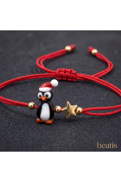 Red String Glass Penguin Figured Adjustable Christmas Bracelet with Star Detail