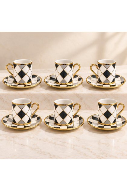 6 Kişilik 12 Parça Türk Kahvesi Fincan Seti Gold Kulplu Siyah Beyaz Baklava Desen K654-C