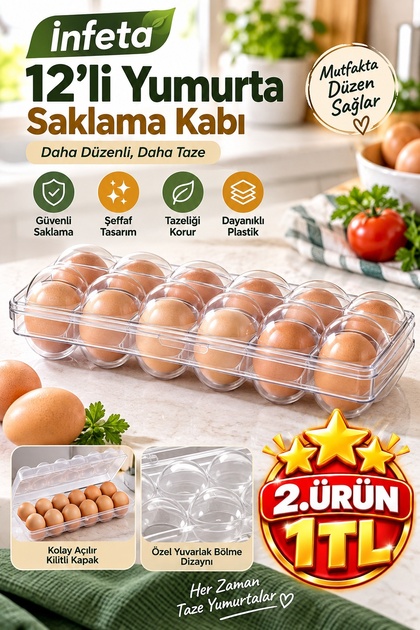 Transparent 26X9X7 cm 12-Piece Egg Storage Container with Lid and Locking System Refrigerator Organizer