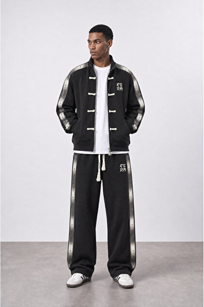 Men's Chinese Button Detailed Striped Doubleface Tracksuit Set Black