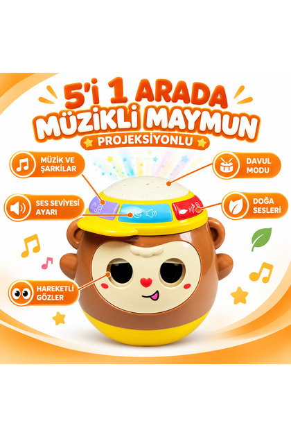 5’i 1 Arada Projeksiyonlu Müzikli Maymun Bebek Aktivite Oyuncağı