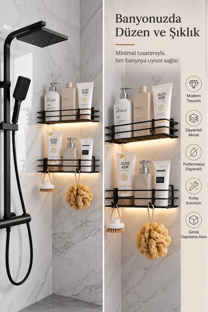 Siyah Yapışkanlı Paslanmaz Banyo Rafı, Banyo Düzenleyici, Banyo Şampuanlık Düzenleyici 2 Adet Raf