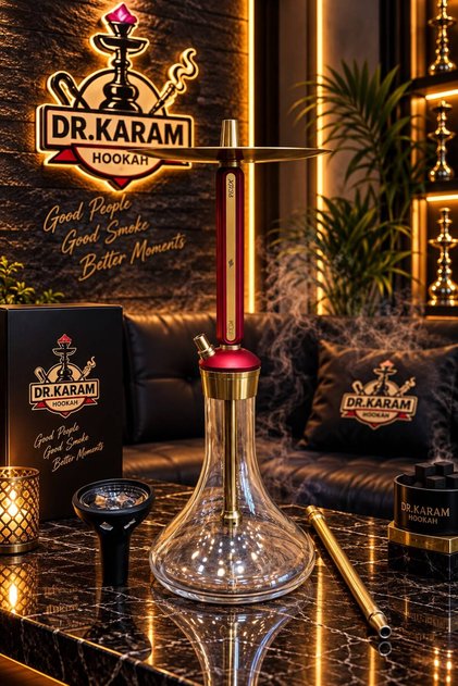 Dr. Karam Hookah - Lüks kırmızı Gold Nargile Takımı / titanium çelik 50 cm .Cam Şişeli Modern Tasarım