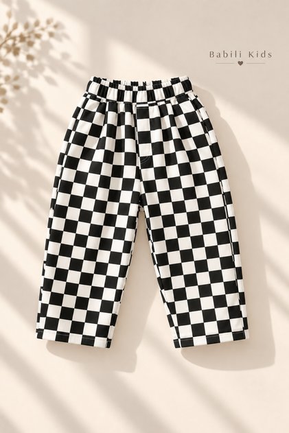 Unisex Children's Checkerboard Patterned Black and White Balloon Jeans