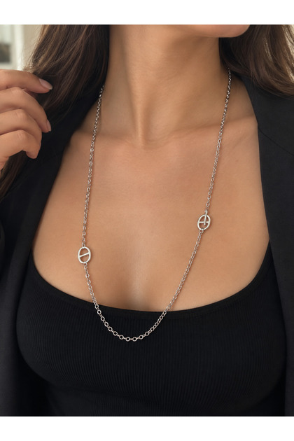 Steel Women's Necklace – Silver Color Chain Necklace with Ring Detail