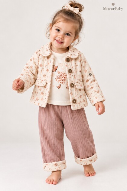 Baby Girl Set with Floral Patterned Jacket, 3-Piece Top and Bottom Set, Premium Set
